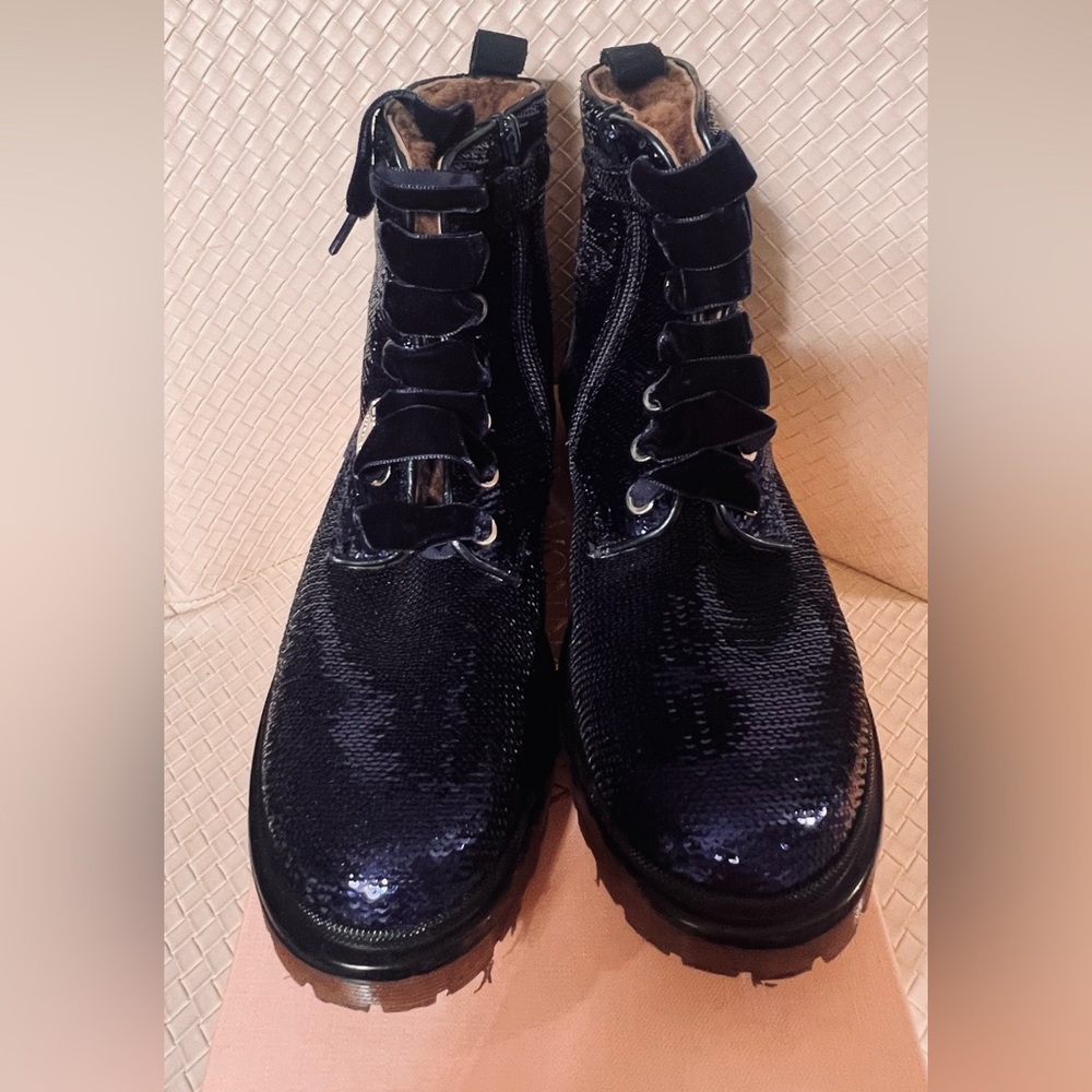 Monnalisa Girl’s Navy Blue Sequins Real Fur Ankle Boots EU 35